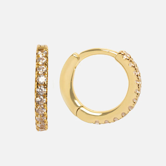 Huggies for Earring Charms: 14k gold plated huggies with a row of clear, sparkling gemstones along the front edge, perfect for adding charms. Shown on a plain white background.