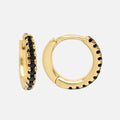Classic Gem Huggie Hoops: Small 14k gold plated earrings featuring a row of black stones along the outer edge, shown on a plain white background—perfect for stacking.