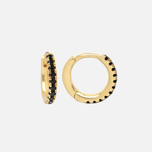 Huggies for Earring Charms: 14k gold plated huggies, each featuring a row of black gemstones on the outer edge, shown against a plain light background.