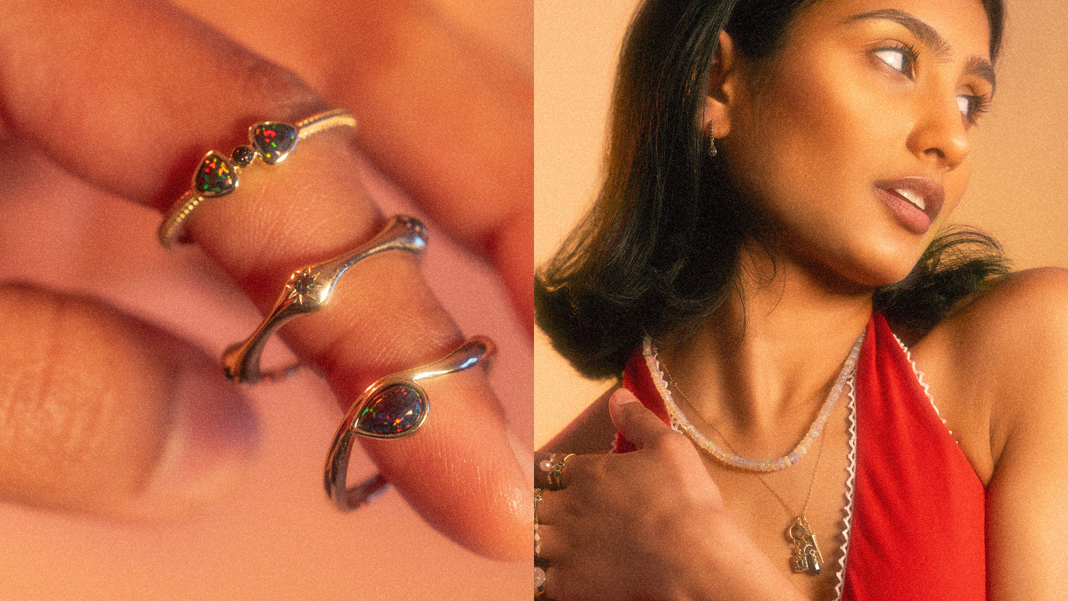 Close-up of gold and silver rings on a hand and a woman wearing a necklace.