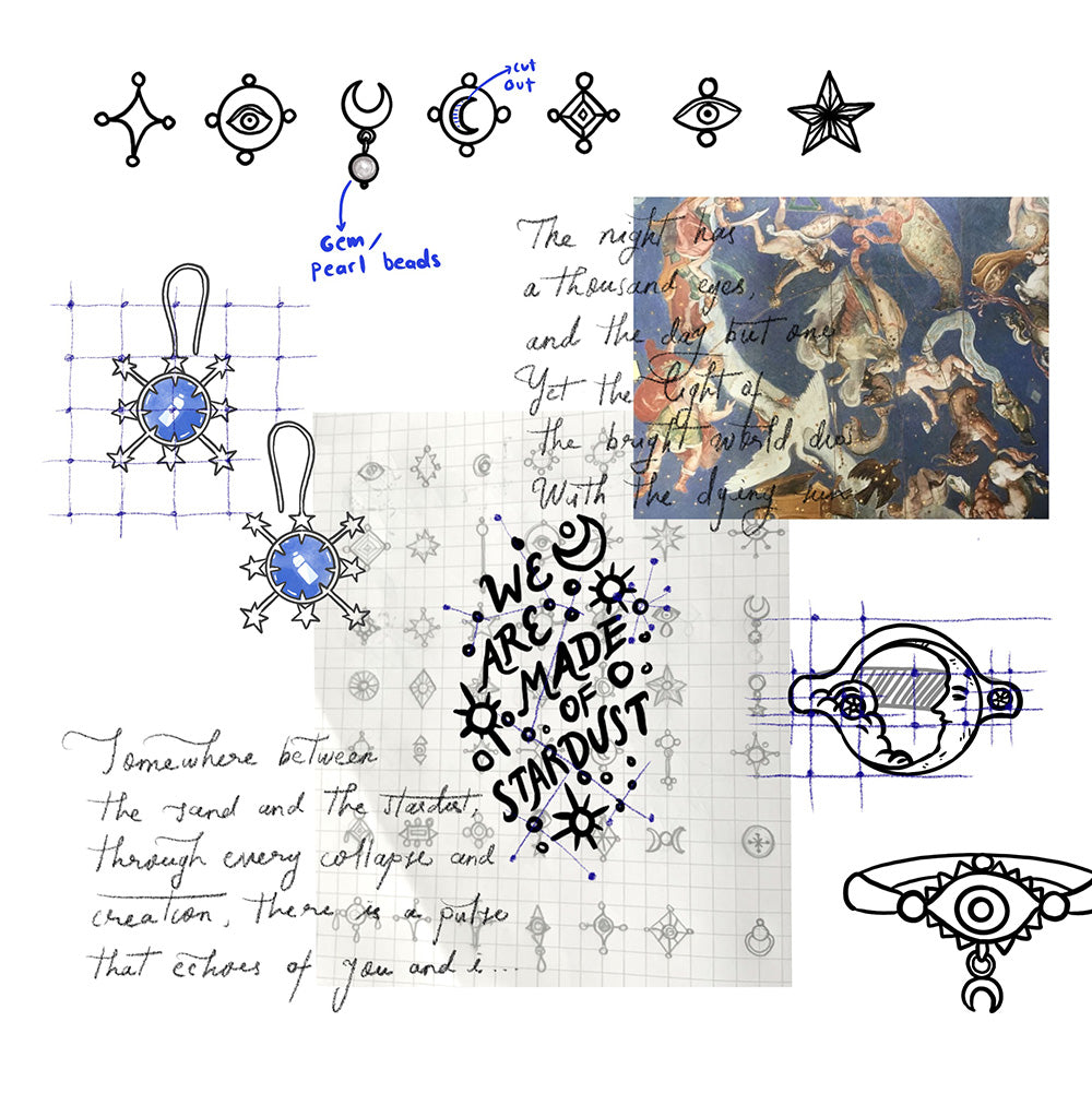 Collage of decorative elements including symbols, jewelry, and text with sketches from the jewelry designer