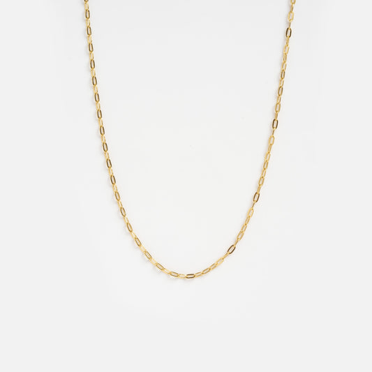 The Vermeil Paperclip Chain Sample is a delicate gold necklace featuring small, elongated oval links, shown against a plain white background.