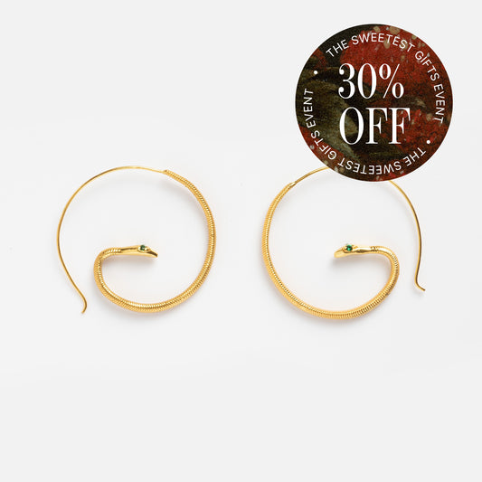 Mini Snake Hoop Earrings, plated in 18k yellow gold with green zircon eyes, are displayed on a white background. A circular sticker at the top right announces 30% OFF The Sweetest Gifts Event.