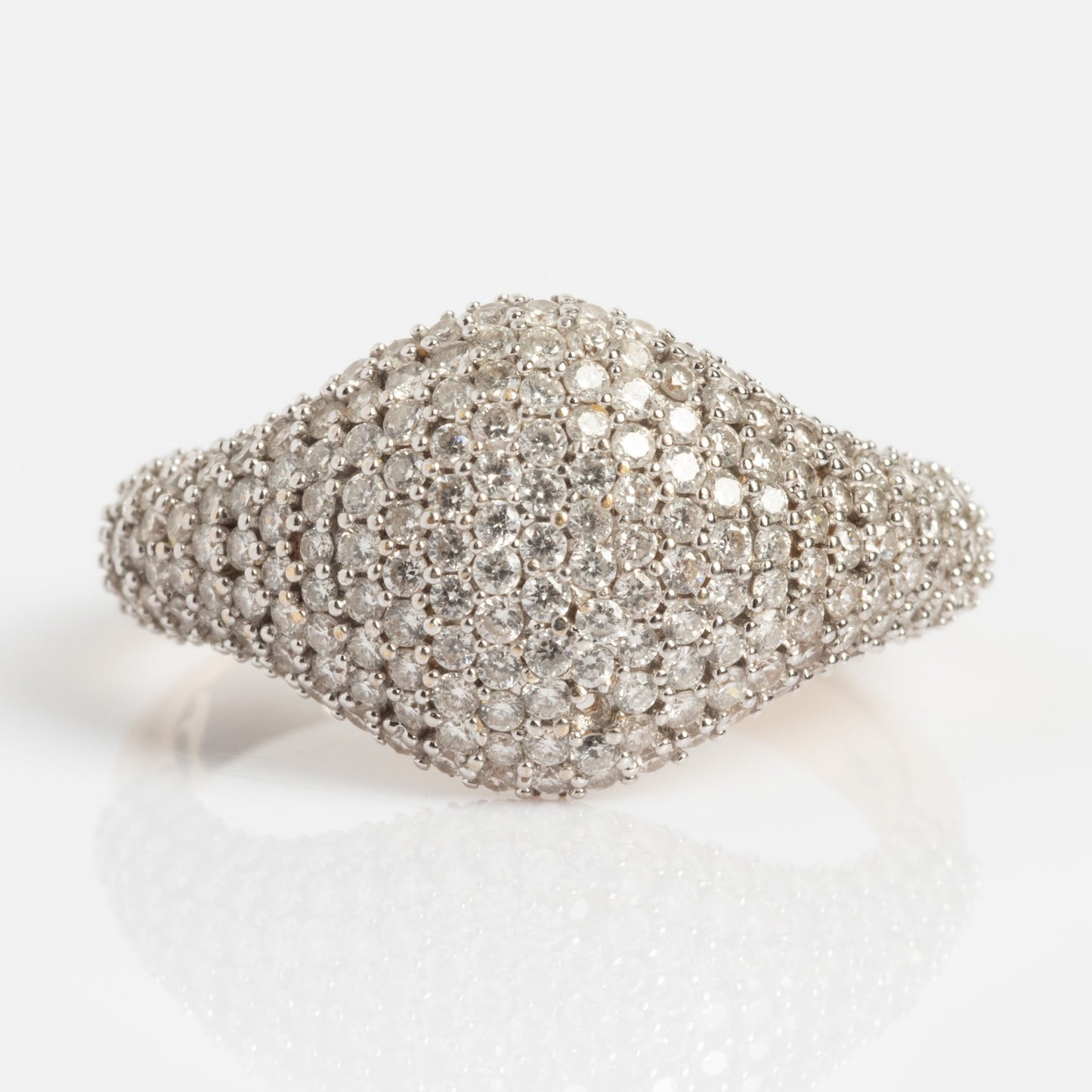 The 14k Solid Gold Pave Diamond Signet Ring (Sample Size 7) features a cluster of small round white diamonds set in solid yellow gold, shown against a plain white background.