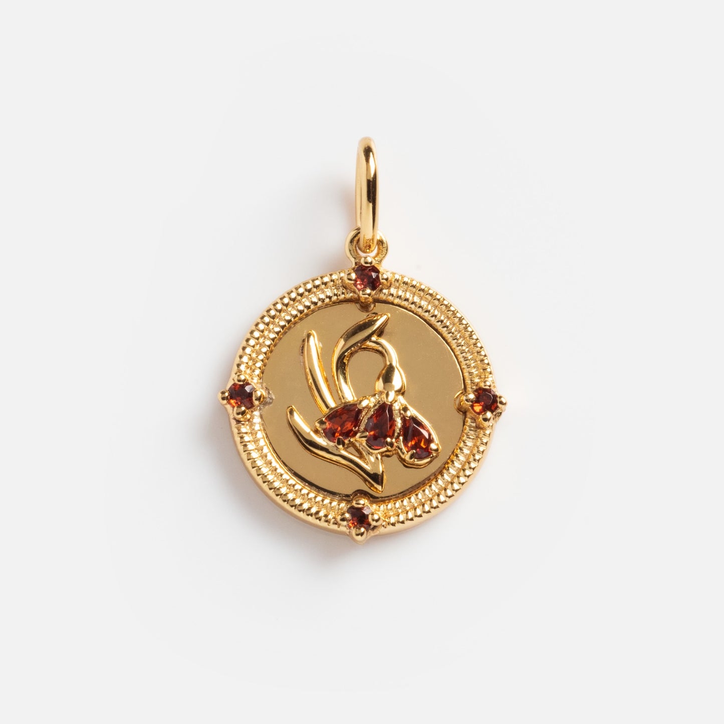 The 2026 January Capsule Vintage Inspired Garnet Coin Charm is a round gold vermeil pendant with a raised orchid center, red gemstone accents, and an ornate border—an exclusive vintage-style piece from Local Eclectic.