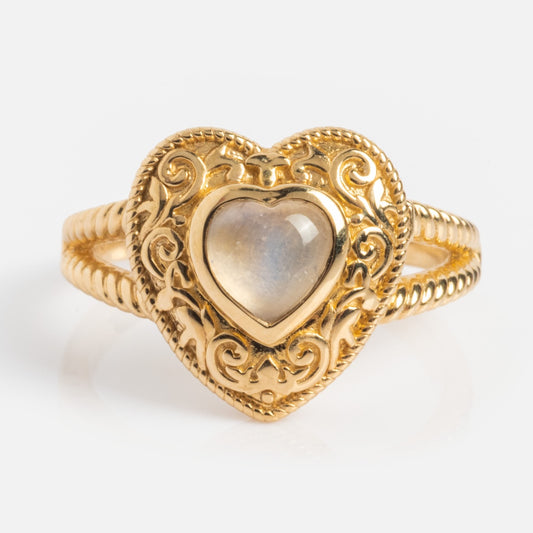 Solid Gold Rainbow Moonstone Heart Locket Ring