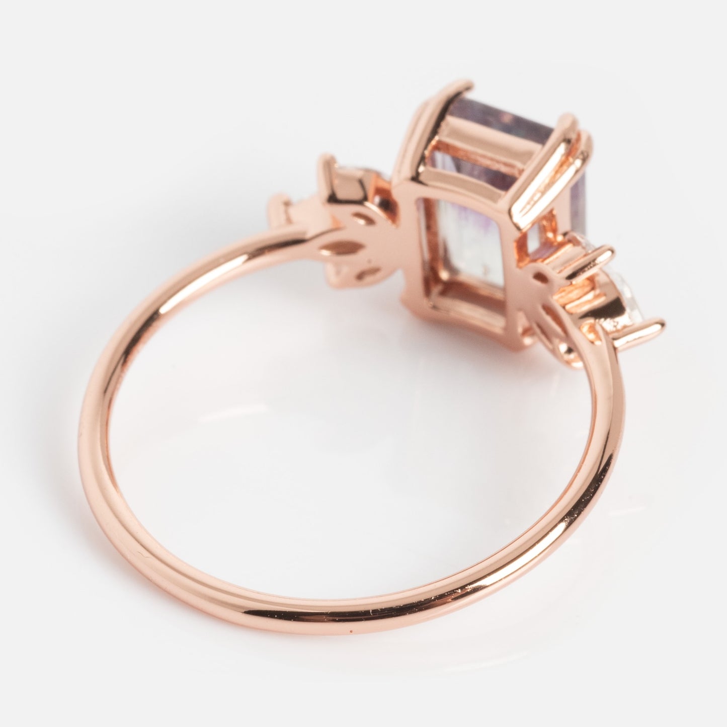A Local Eclectic exclusive, the Rose Gold Fluorite Topaz Hazy Dream Ring showcases a large rectangular fluorite in rose gold vermeil with two topaz side stones, presented on a white background.