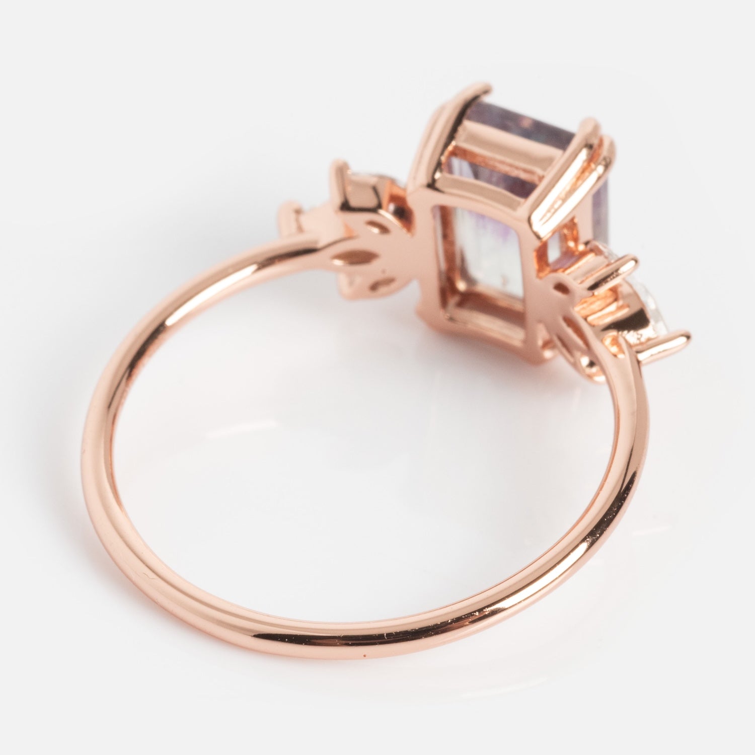 A Local Eclectic exclusive, the Rose Gold Fluorite Topaz Hazy Dream Ring showcases a large rectangular fluorite in rose gold vermeil with two topaz side stones, presented on a white background.