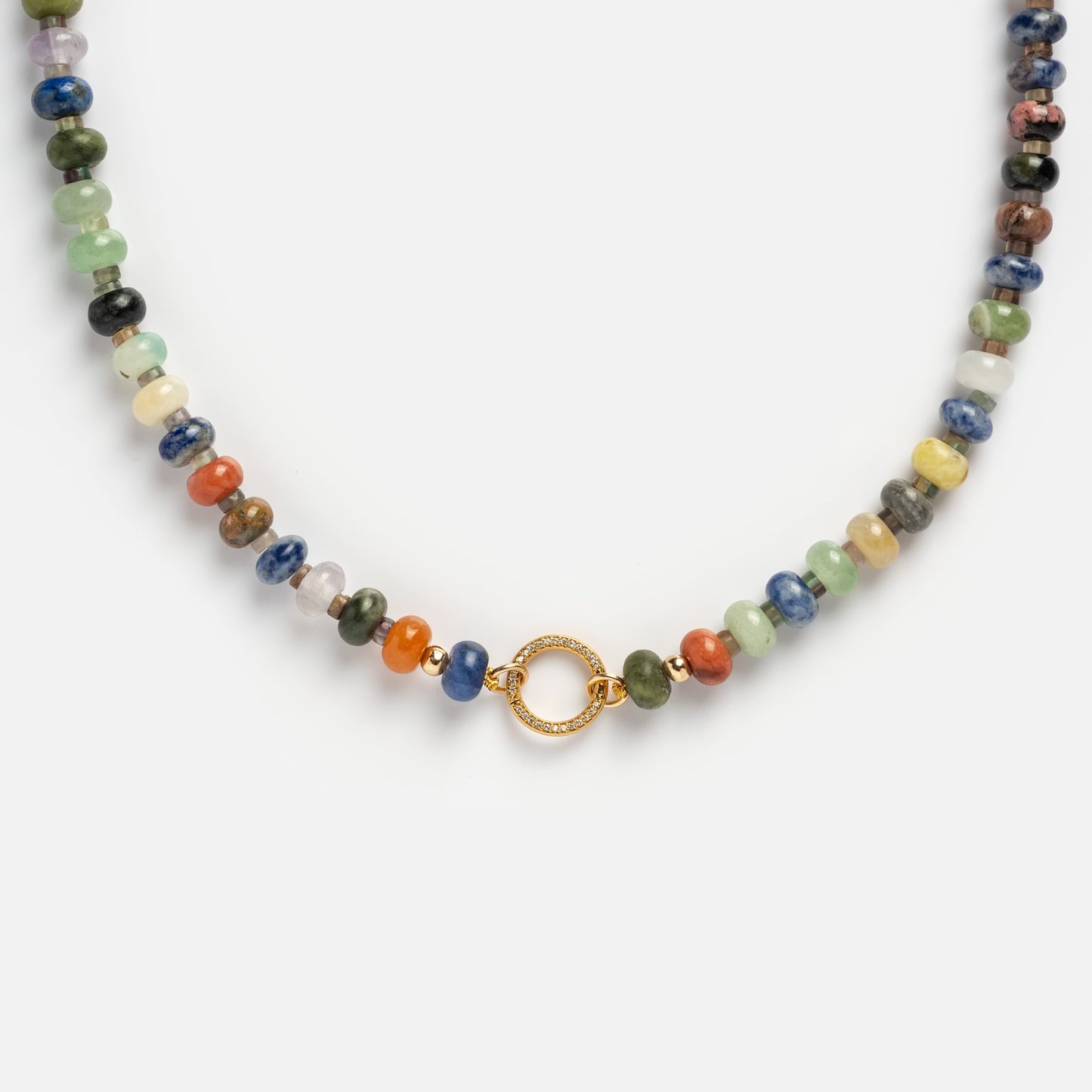 The Macey Customizable Beaded Charm Holder Necklace features colorful round gemstone beads and a central ring-shaped gold clasp, showcased on a plain white background.