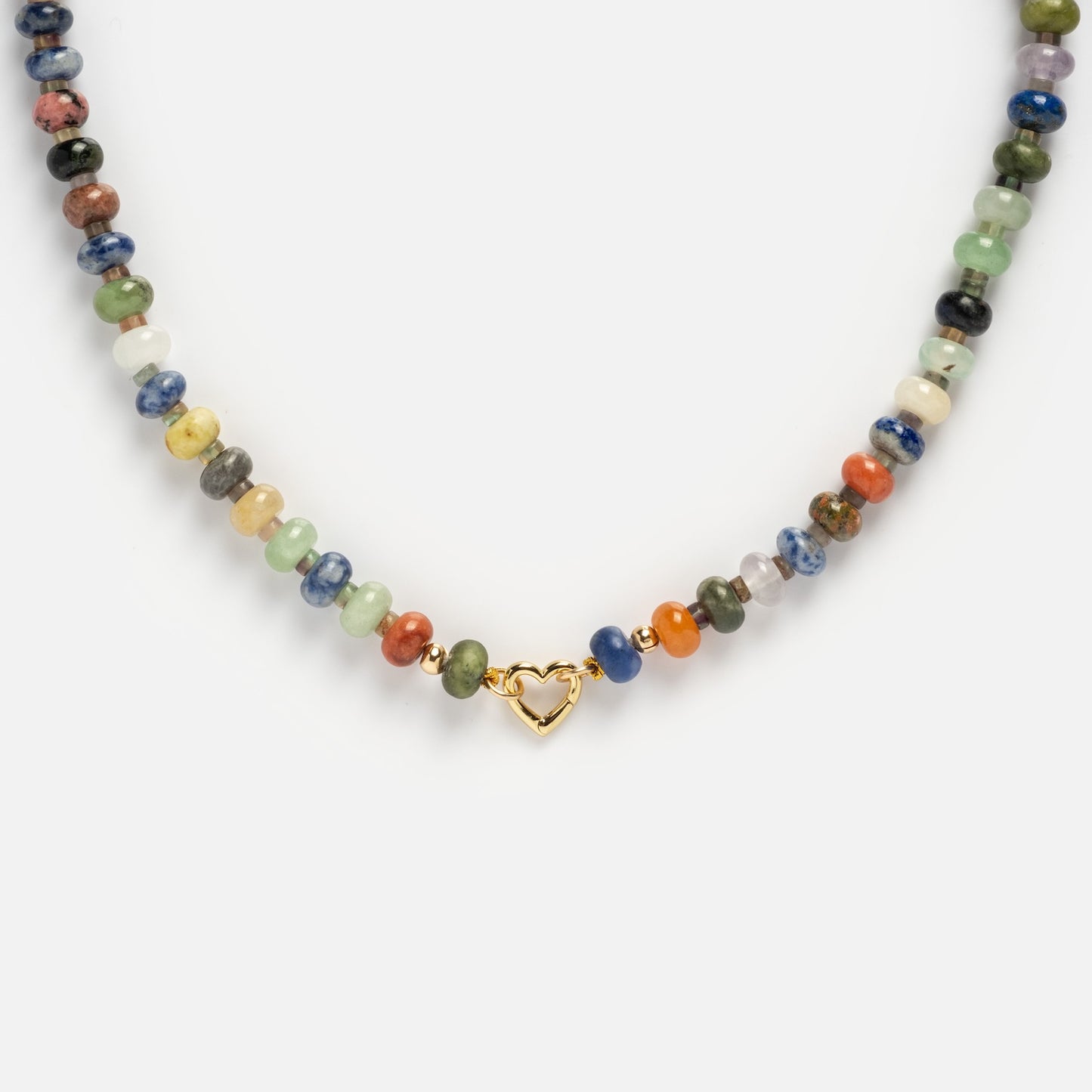 The Macey Customizable Beaded Charm Holder Necklace features small, round multicolored beads and a delicate gold heart-shaped clasp, shown on a plain white background.