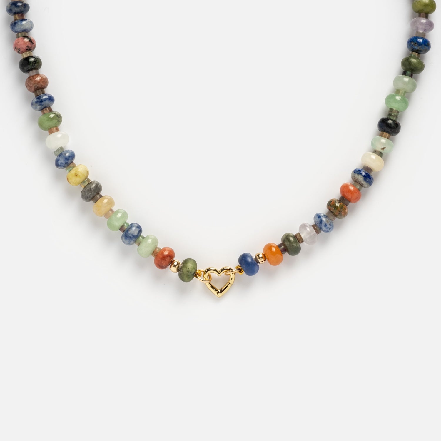 The Macey Customizable Beaded Charm Holder Necklace features small, round multicolored beads and a delicate gold heart-shaped clasp, shown on a plain white background.
