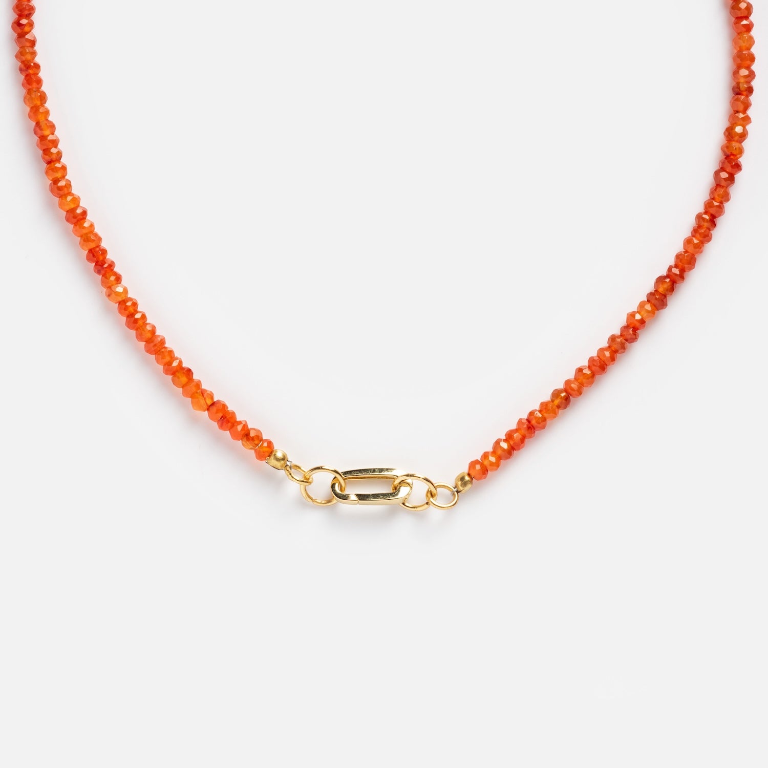 A close-up of the Customizable Beaded Gemstone Charm Holder Necklace with orange beads and a gold lobster clasp, displayed on a plain white background.