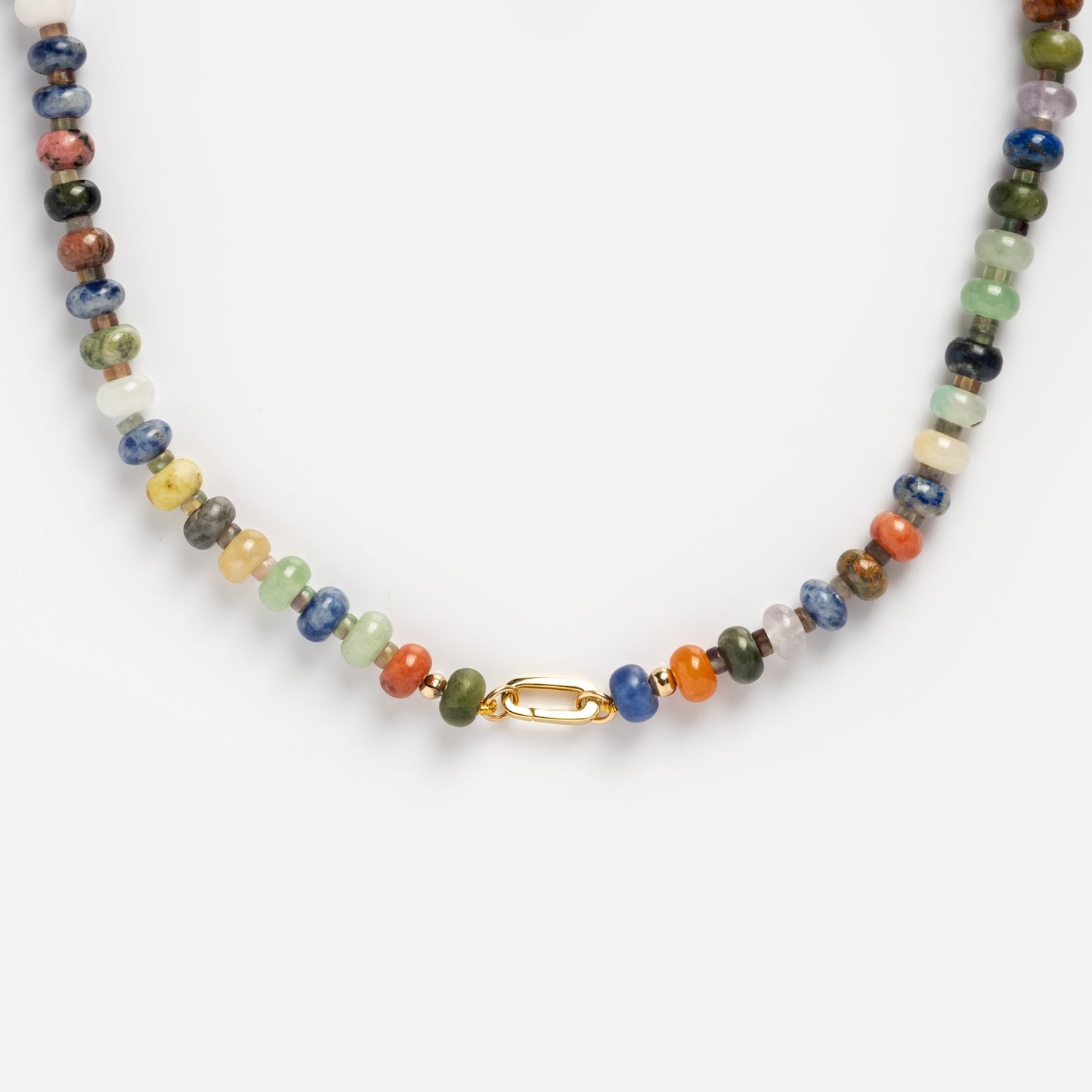 The Macey Customizable Beaded Charm Holder Necklace features vibrant multicolored beads.