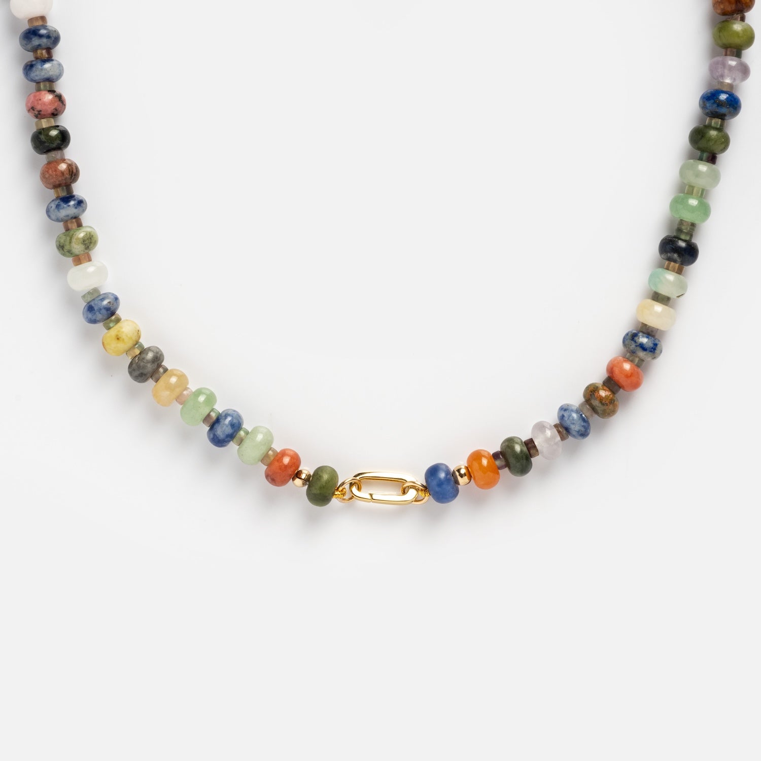 The Macey Customizable Beaded Charm Holder Necklace features vibrant multicolored beads.