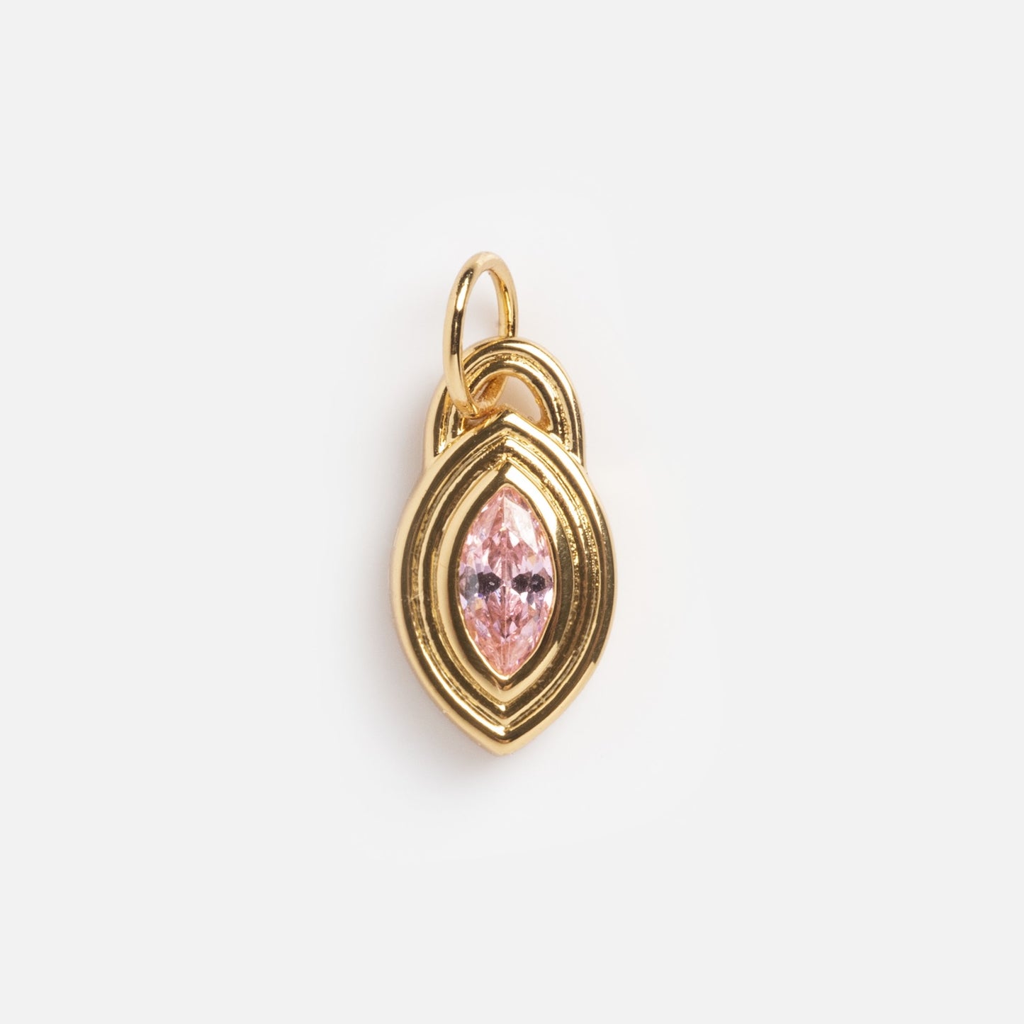 The Monroe Birthstone Charm features a marquise-shaped pink gemstone at its center, framed by concentric gold outlines and a small top loop for easy attachment to a necklace or bracelet.