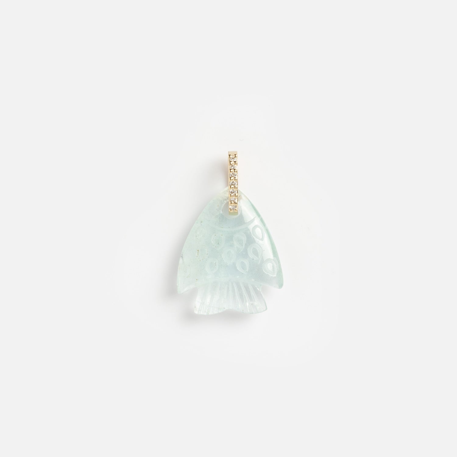 The 14k Aquamarine and Diamond Fish Charm features a translucent aquamarine fish with a subtle pattern and a 14k gold bail set with sparkling diamonds, shown against a plain white background.