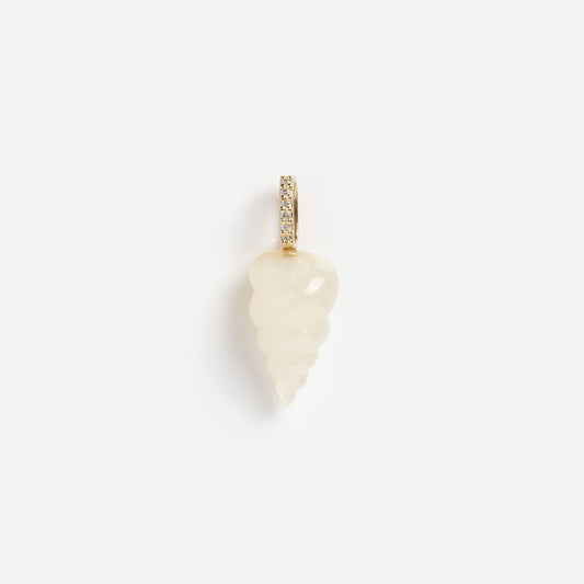 The 14k White Onyx and Diamond Spiral Shell Charm features a white seashell design with a gold loop and sparkling diamond accents, creating a stunning nautical necklace, displayed against a plain white background.
