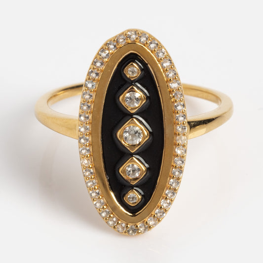 The Vintage Inspired Dazzling Navette Ring (Sample Size 7) features four diamonds on a black center in an elongated oval face, bordered by sparkling white CZ stones set in 14k yellow gold vermeil over silver.