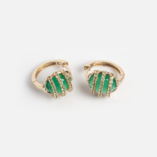 Solid Gold Green Agate Caged Huggie Hoops 2 Sample: A pair of earrings with green agate gemstones set in 9k solid gold prongs, accented by small crystals, shown on a white background.