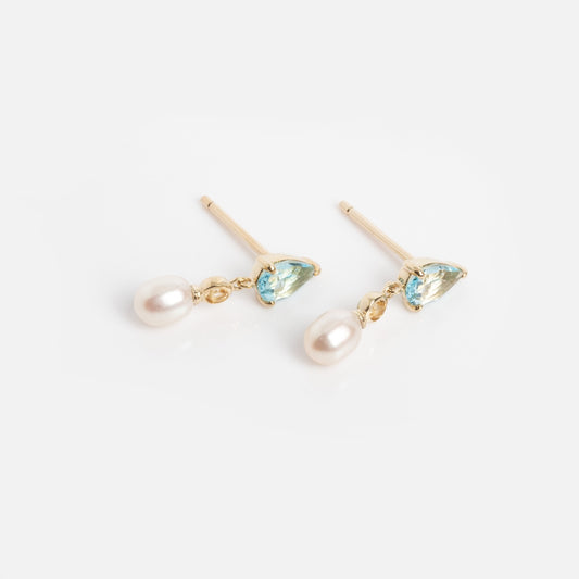 A pair of solid gold Blue Topaz, Citrine, and Pearl drop earrings—each featuring gemstones and pearls—displayed on a white background.