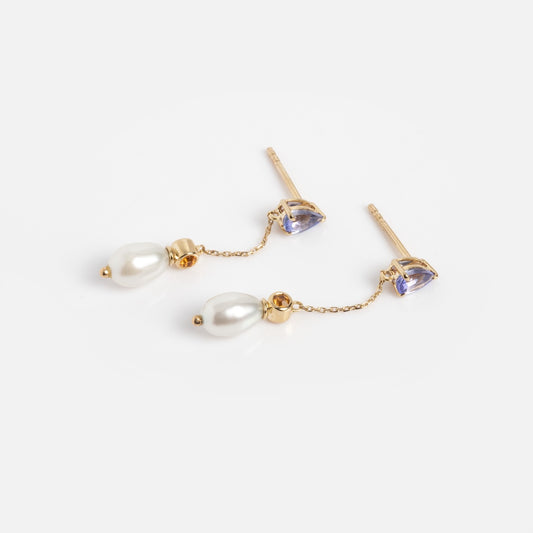 Solid Gold Citrine Tanzanite and Pearl Drop Studs 2 Sample: gold stud earrings with tanzanite, citrine accents, and delicate chains featuring dangling freshwater pearls, shown on a white background.