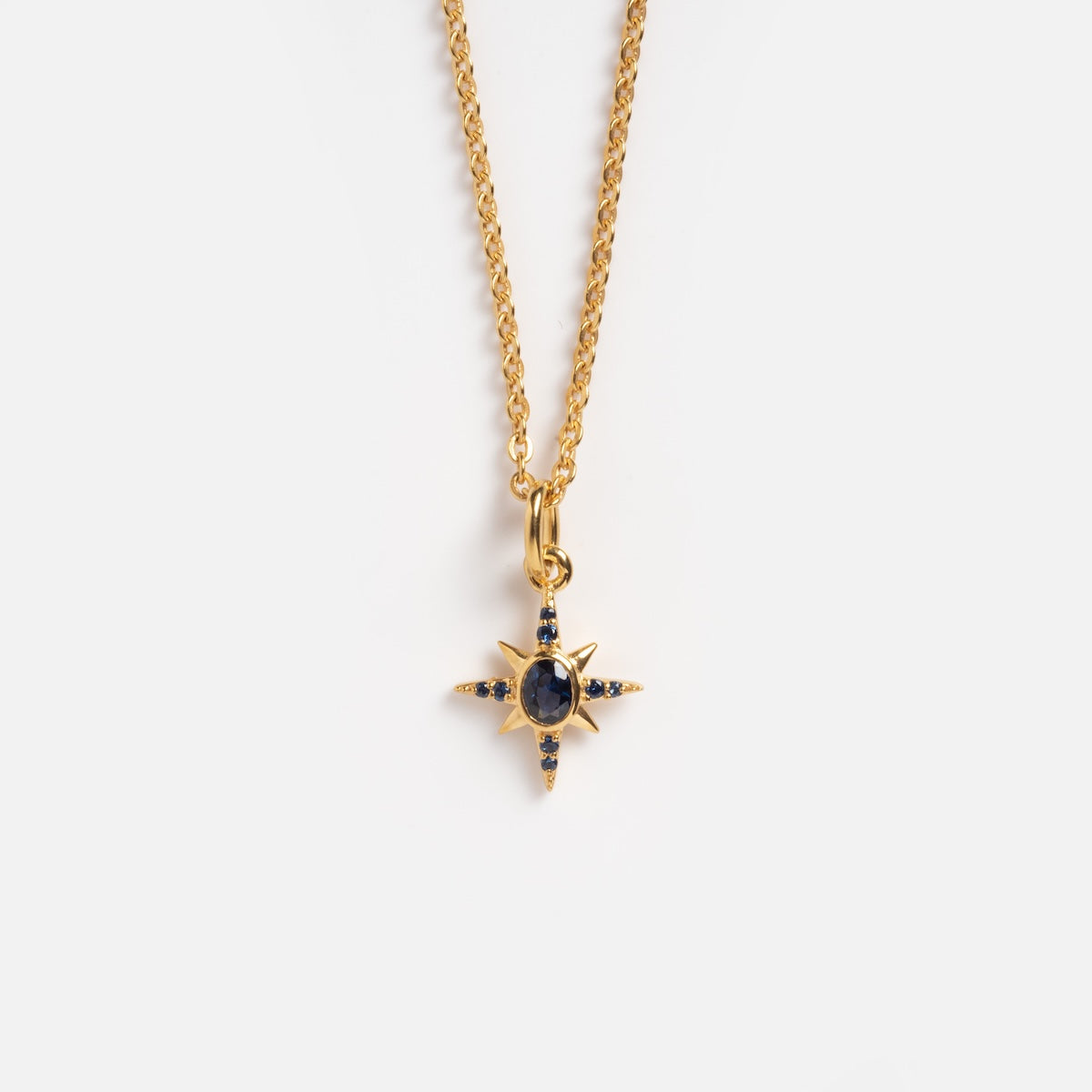 The Celestial Star Necklace Sample is a gold chain featuring a star-shaped pendant with blue sapphires, including a central oval stone and smaller gems at each point, plus a handy chain extender, shown on a plain white background.
