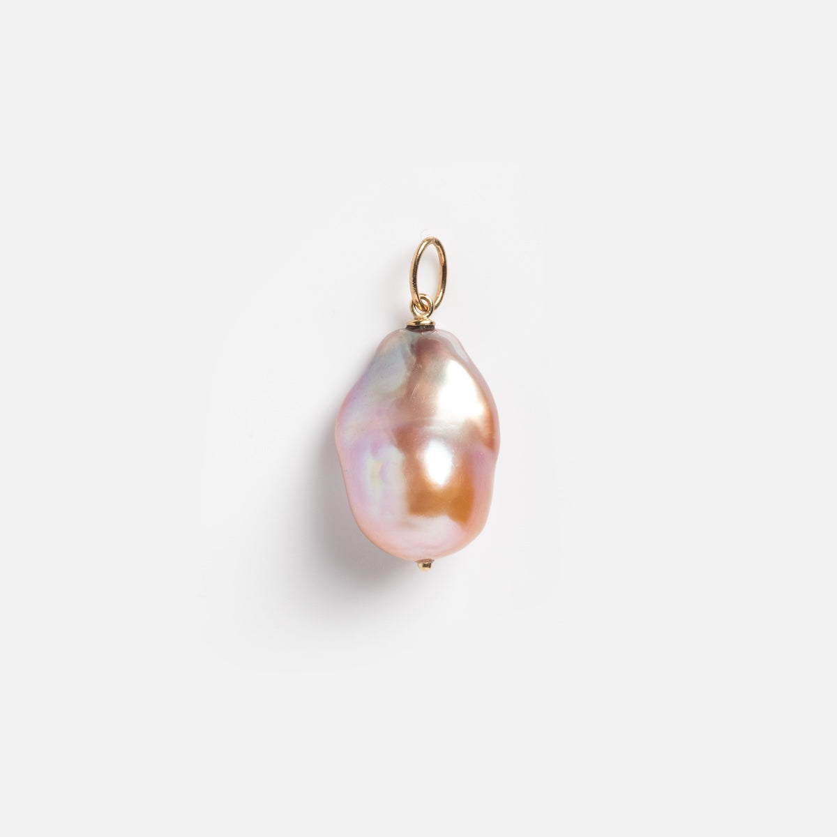The Solid Gold Simple Pink Pearl Drop Charm Sample features a single, irregularly shaped pink baroque pearl with a small gold loop for necklace attachment, shown on a plain white background.