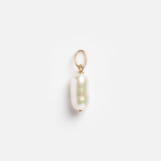 The Solid Gold Simple Pearl Drop Charm Sample features a single irregular-shaped white pearl pendant with a gold loop and bail, shown against a plain white background.
