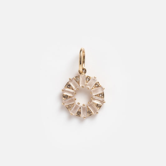 The Solid Gold Deco Yellow Topaz Open Coin Charm Sample features a gold circular pendant with geometric yellow topaz accents in a sunburst pattern and a top loop for easy attachment, shown on a plain white background.