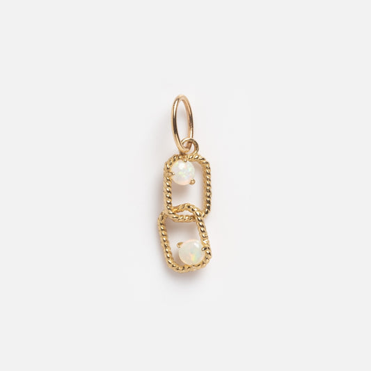 Solid Gold Floating Opal Duo Charm Sample: features two textured rectangular gold links, each set with a small round opal, displayed on a plain white background.