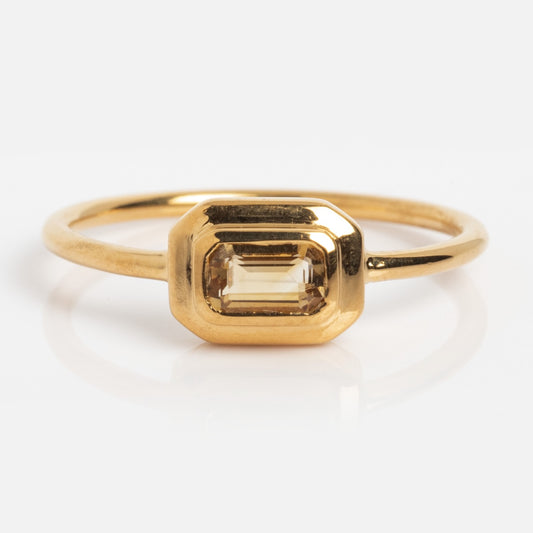 The Vintage Inspired Citrine Bar Ring, sample size 7, features an emerald-cut citrine set in a rectangular bezel on a 14k yellow gold vermeil silver base, shown against a white background.
