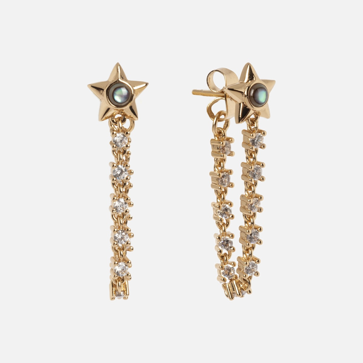 Lucky Star Tennis Chain Earrings: gold star-shaped earrings with a central pearl and a dangling chain of sparkling clear stones, shown against a white background.