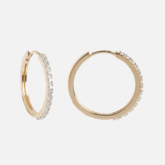 Solid Gold Diamond Hoops: 10k solid gold hoop earrings, each featuring small round lab-created diamonds along the front, shown on a plain white background.