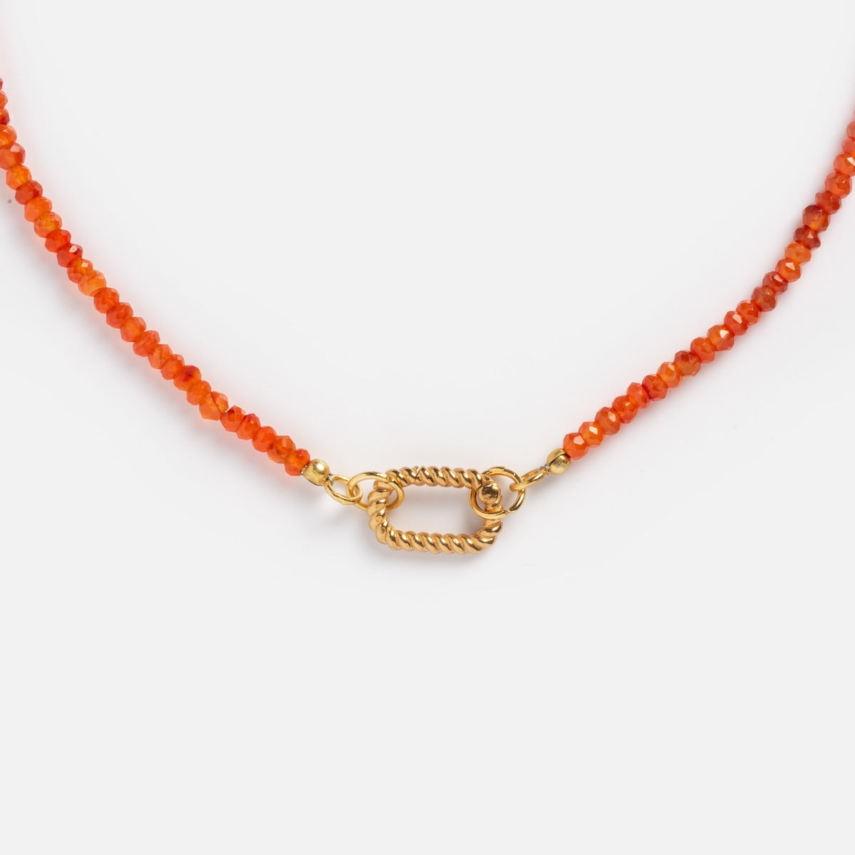 A close-up of the Customizable Beaded Gemstone Charm Holder Necklace with orange beads and a gold rectangular twisted clasp, displayed on a white background.