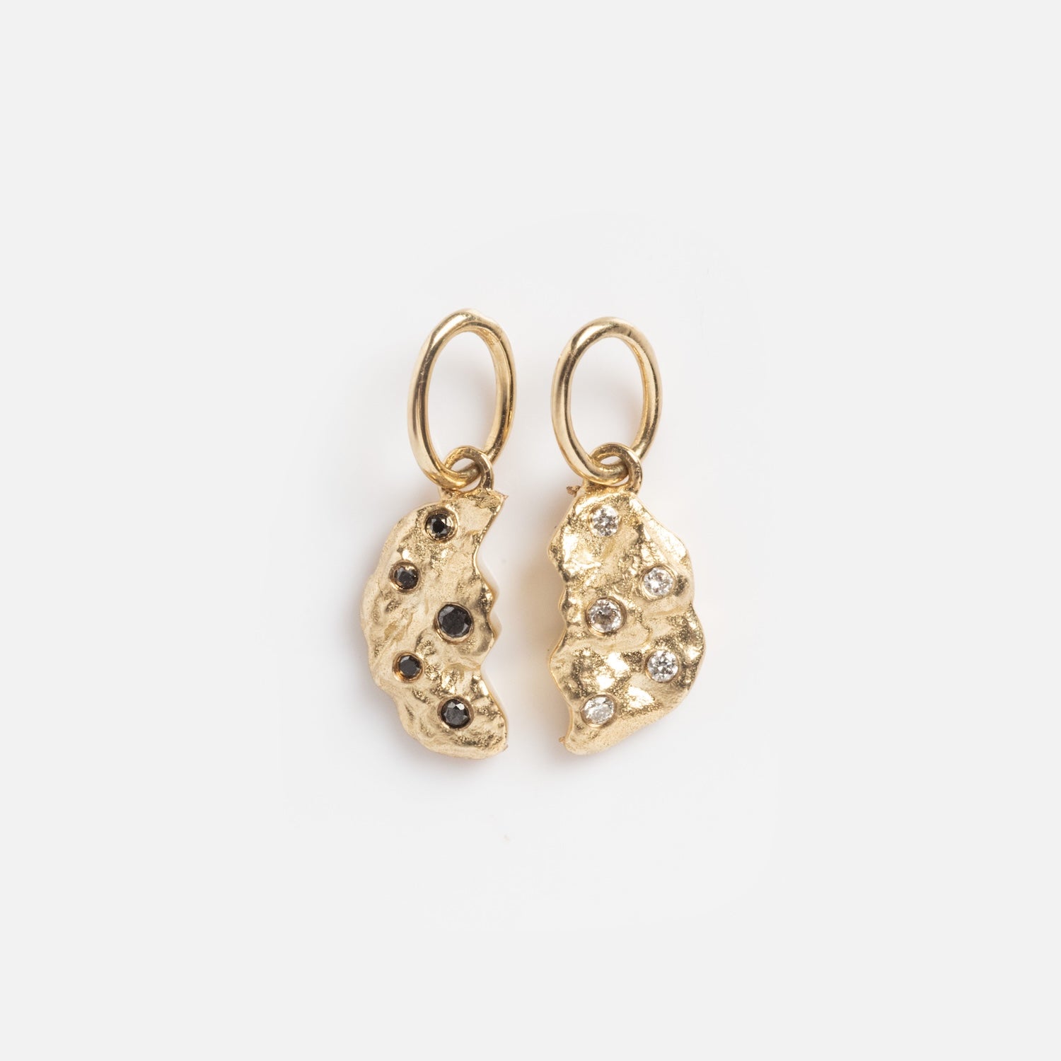 The Levain Bakery x Local Eclectic Solid Gold Share a Cookie Friendship Charms feature two textured, irregular gold pieces with small gemstones, each attached to circular loops and shown on a plain white background.