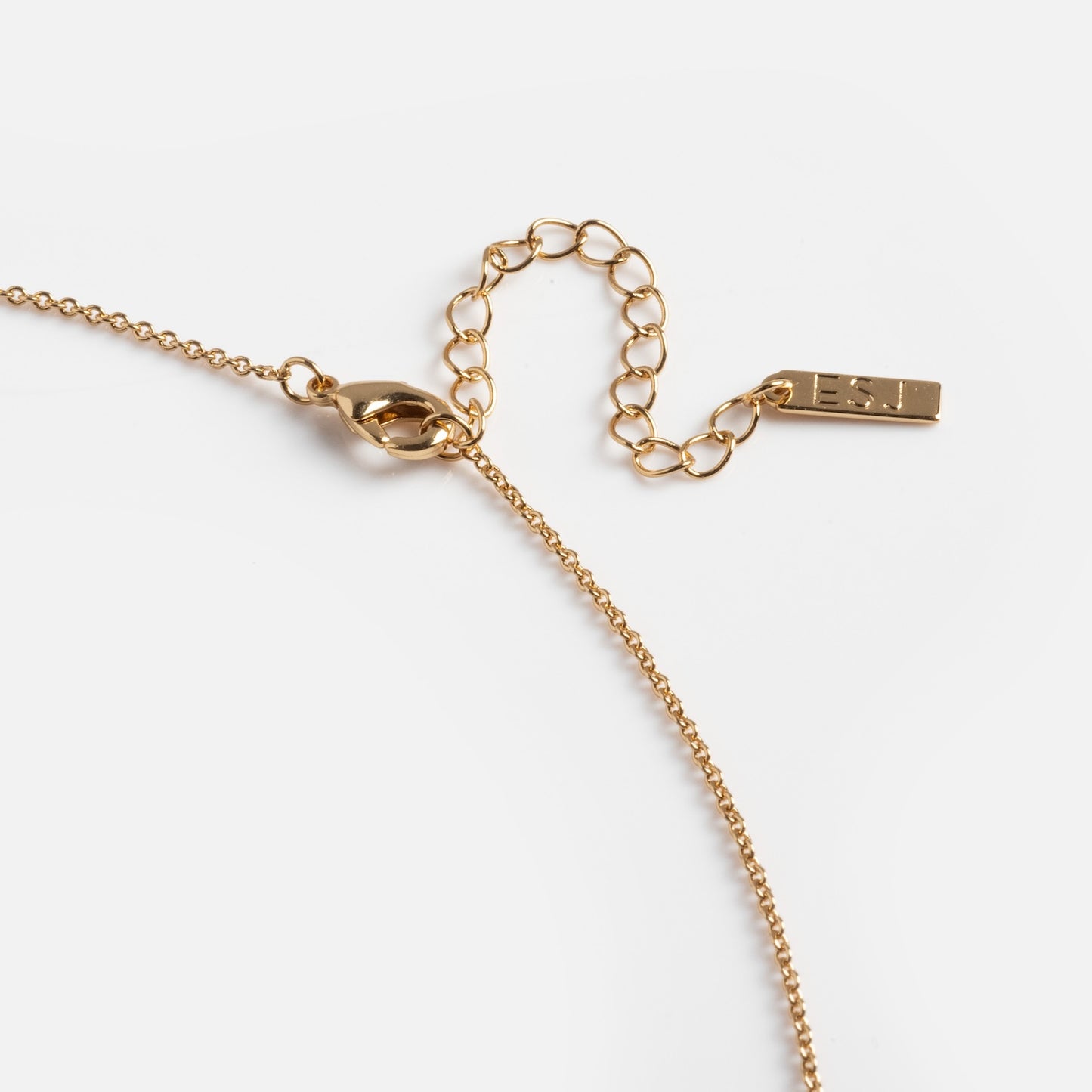 A close-up of the Wishkeeper Floating Locket Necklace, featuring a 14k gold plated chain with a lobster clasp, adjustable extender, and a small rectangular tag at the end.