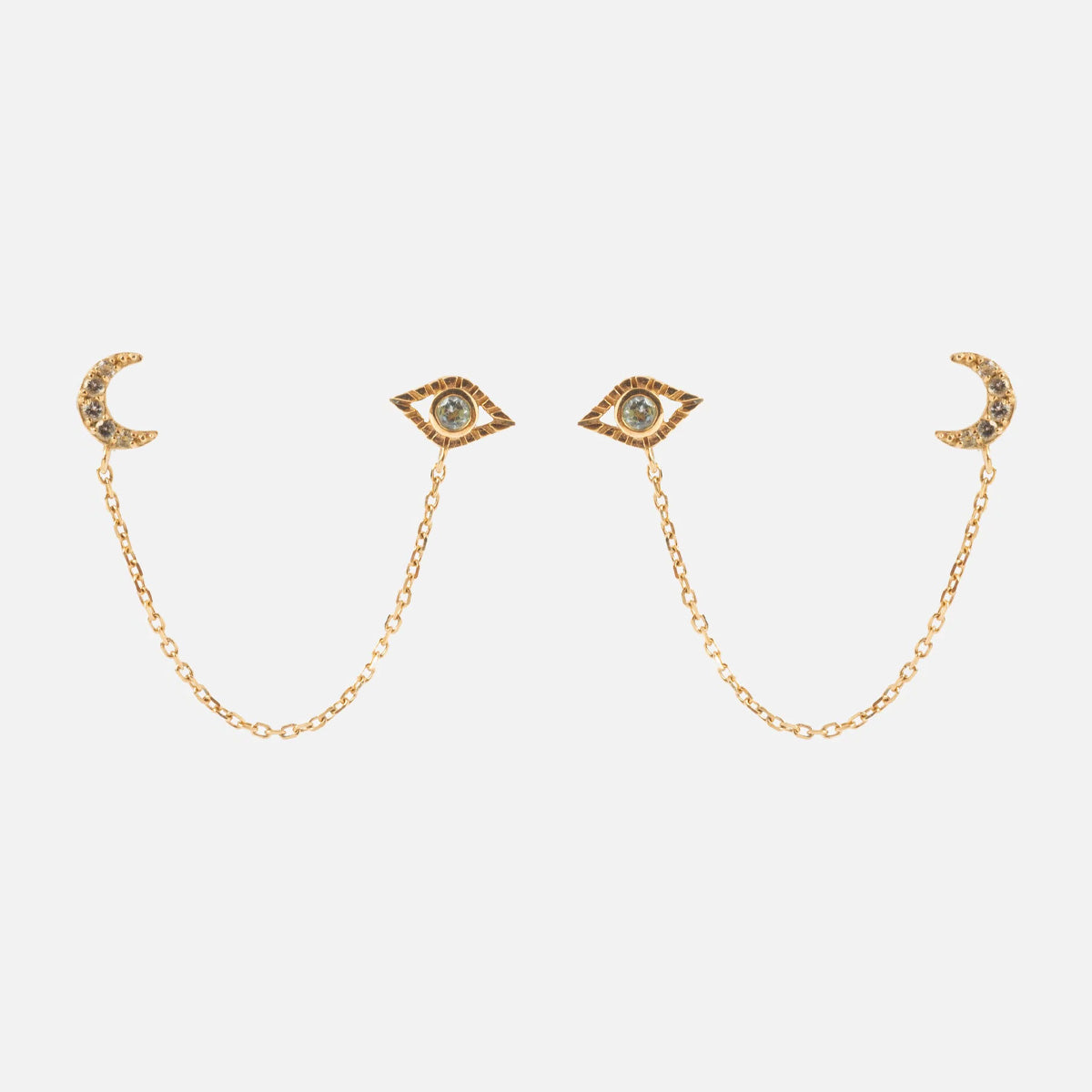 Solid Gold Evil Eye and Crescent Moon Double Piercing Studs