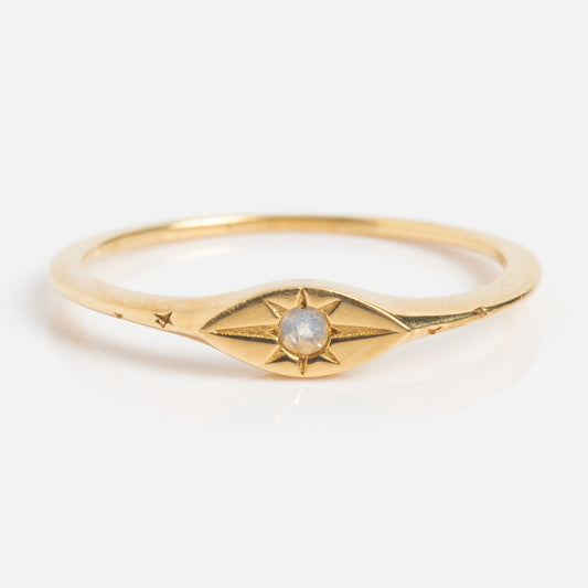 Solid Gold Delicate Moonstone Evil Eye Signet Ring