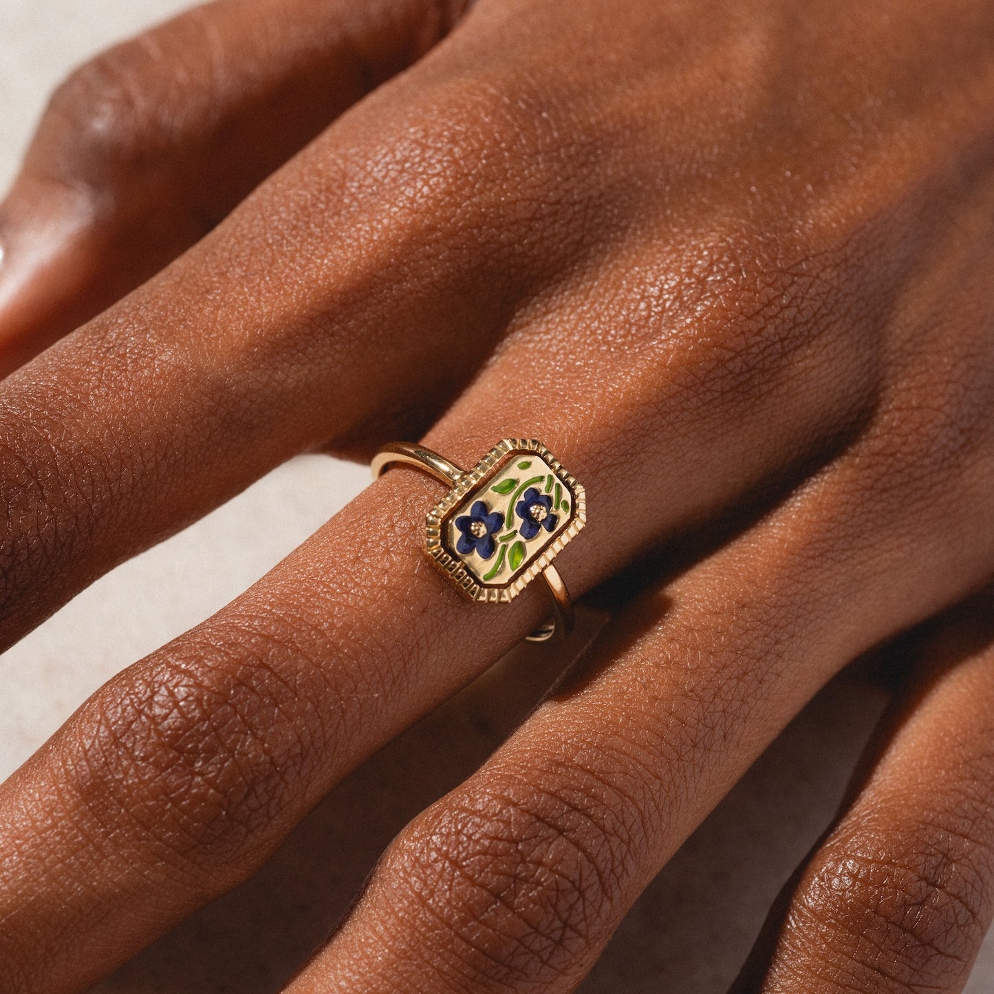 A close-up of a medium brown hand wearing the 10k Gallery Frames Enamel and Malachite Reversible Ring, featuring a rectangular gold face with a purple and green floral design. The background is light.