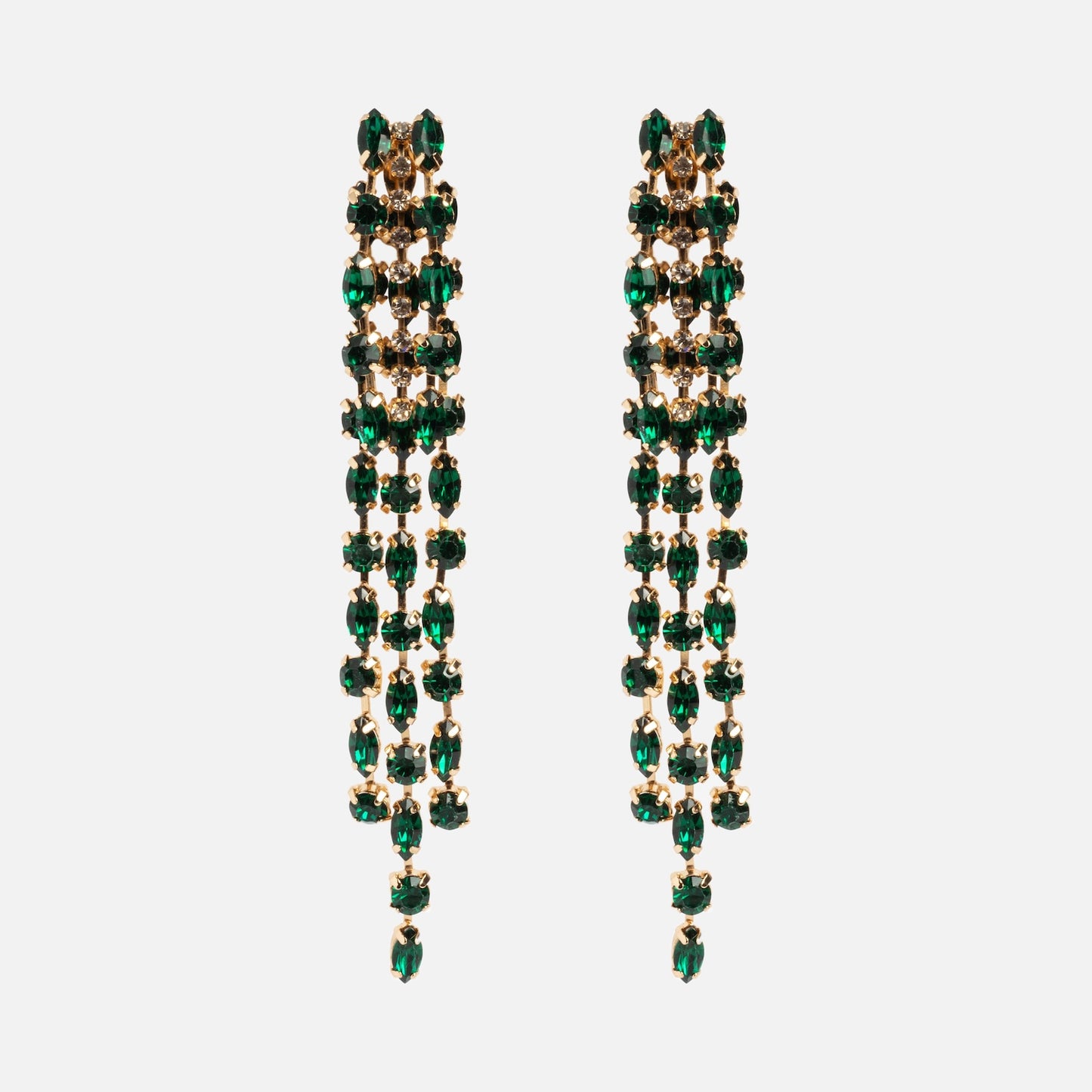 The Lola Earring is a pair of long chandelier earrings with gold settings and multiple rows of oval green gemstones.