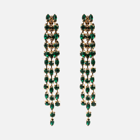 The Lola Earring is a pair of long chandelier earrings with gold settings and multiple rows of oval green gemstones.