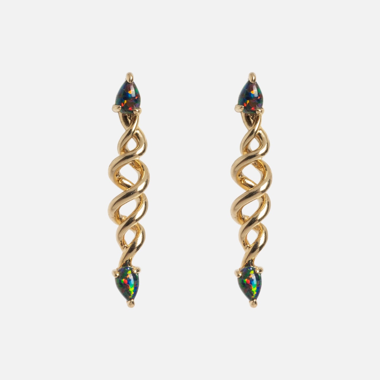 The Solid Gold Black Opal Cosmic Spiral Earrings feature twisted spiral designs with two teardrop-shaped multicolored gemstones at the top and bottom.