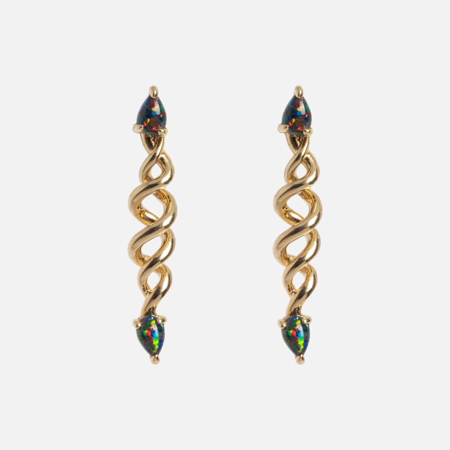 The Solid Gold Black Opal Cosmic Spiral Earrings feature twisted spiral designs with two teardrop-shaped multicolored gemstones at the top and bottom.