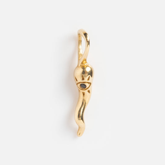 The Solid Gold Amulet Charm, exclusive to Local Eclectic, is shaped like a curved horn with an engraved eye and sun-like rays. Its shiny surface and top loop make it easy to add to your favorite chain or gemstone necklace.