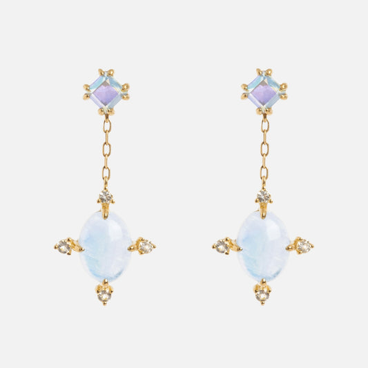 Solid Gold Crystal Ball Moonstone Drop Earrings