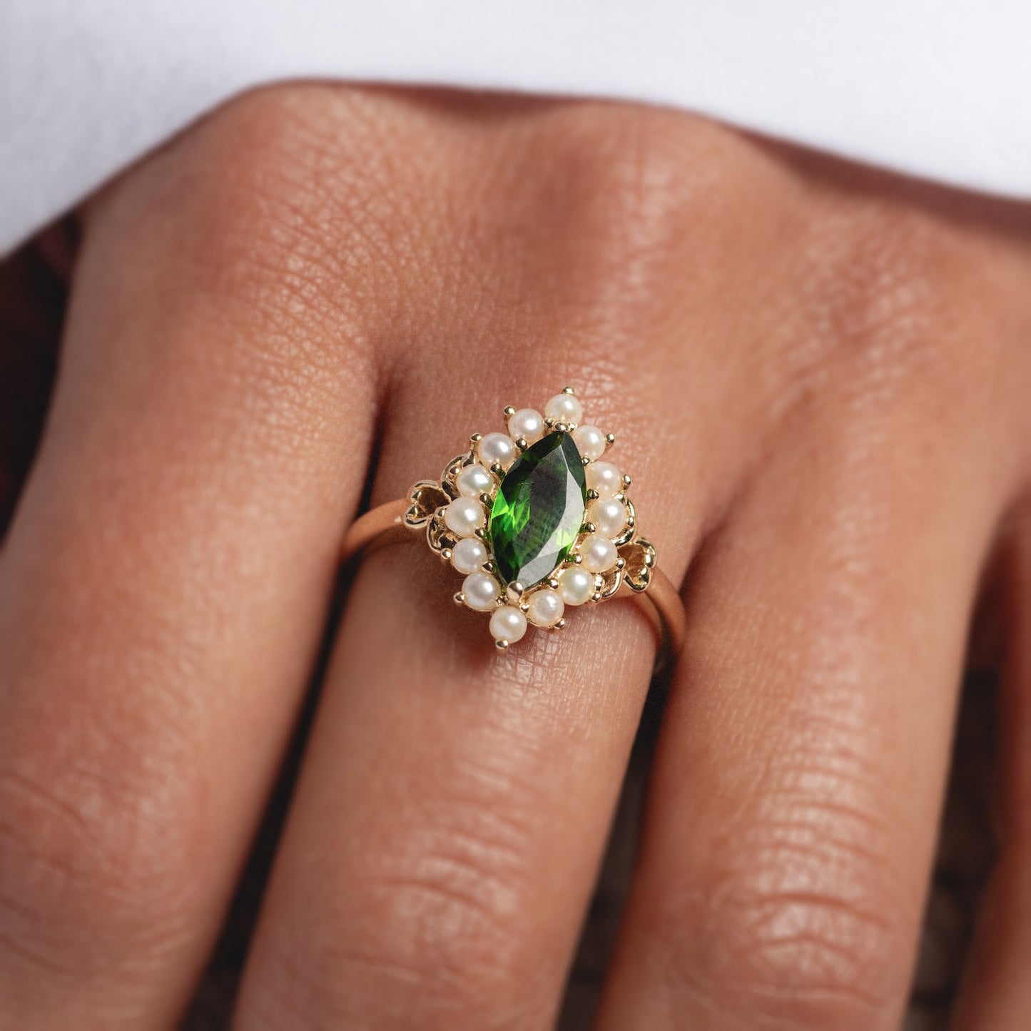 14k Opulent Green Diopside and Pearl Marquise Ring