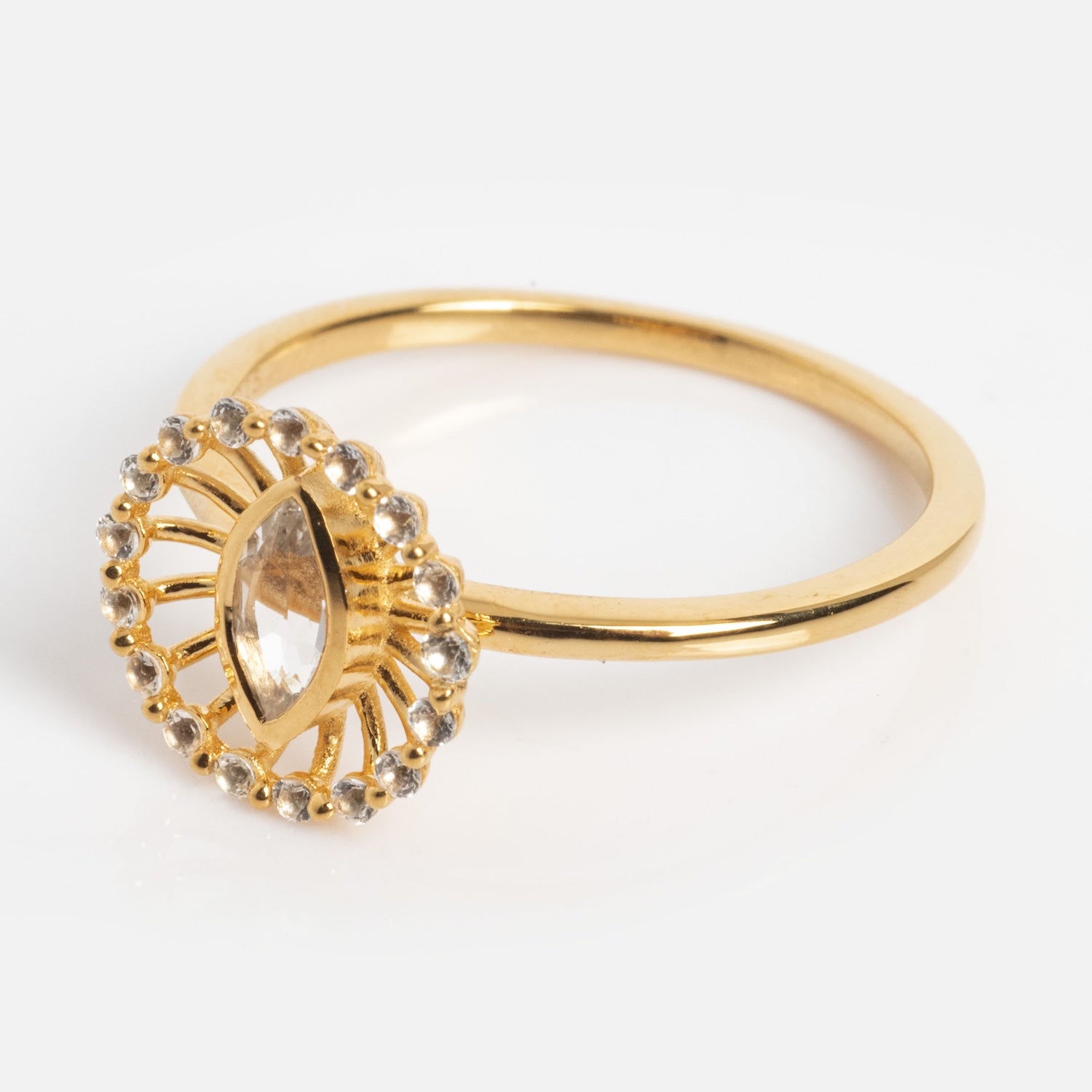 The Silver Screen Starlet Ring features a marquise-shaped clear gemstone at its center, encircled by a halo of small clear stones and silver spokes, shown against a plain white background.