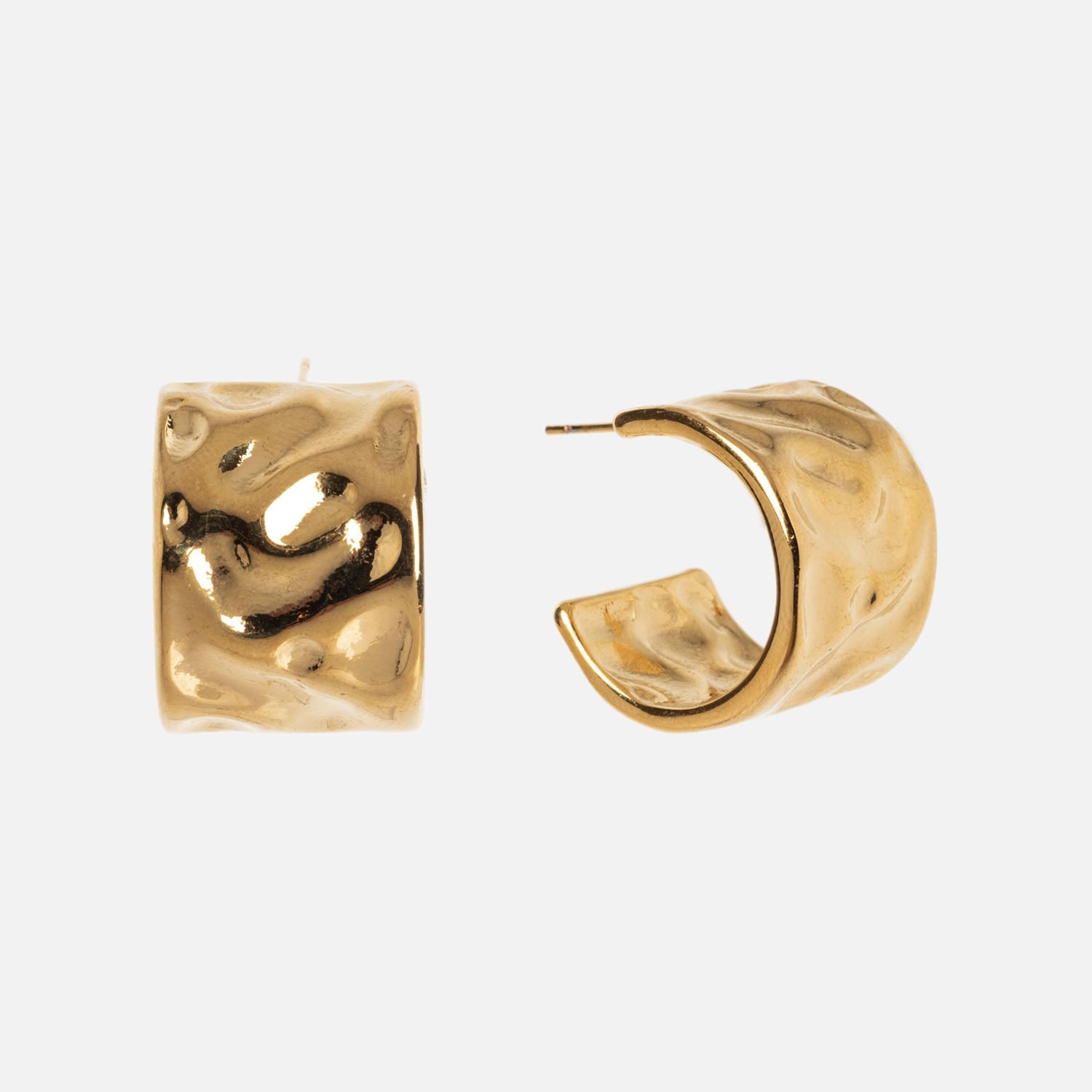 The Lasso Hoops are chunky, gold-toned earrings featuring a textured, wavy surface. Shown from both the front and side, they highlight a wide, curved design for a bold statement look.