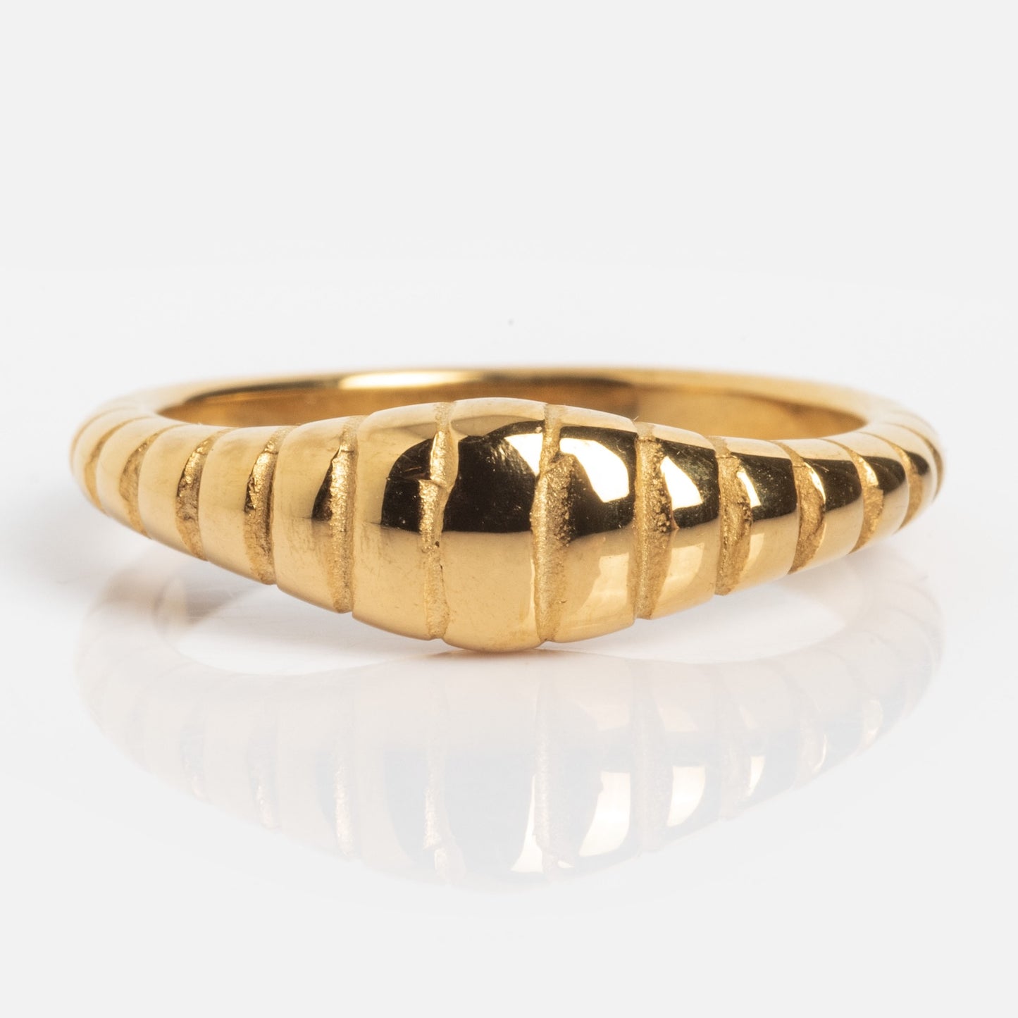 The Crew Ring features a smooth, rounded gold band with raised horizontal ridges at the center, shown against a white background.