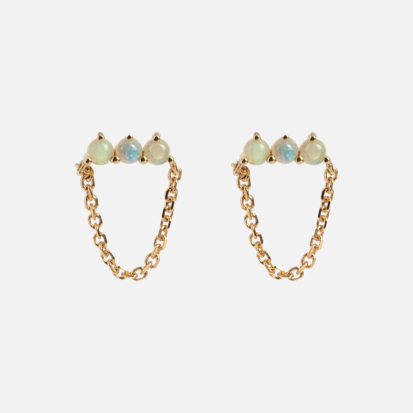 Solid Gold Opal Trio Chain Dangle Studs feature three round opals set in a row on each stud, photographed on a white background.
